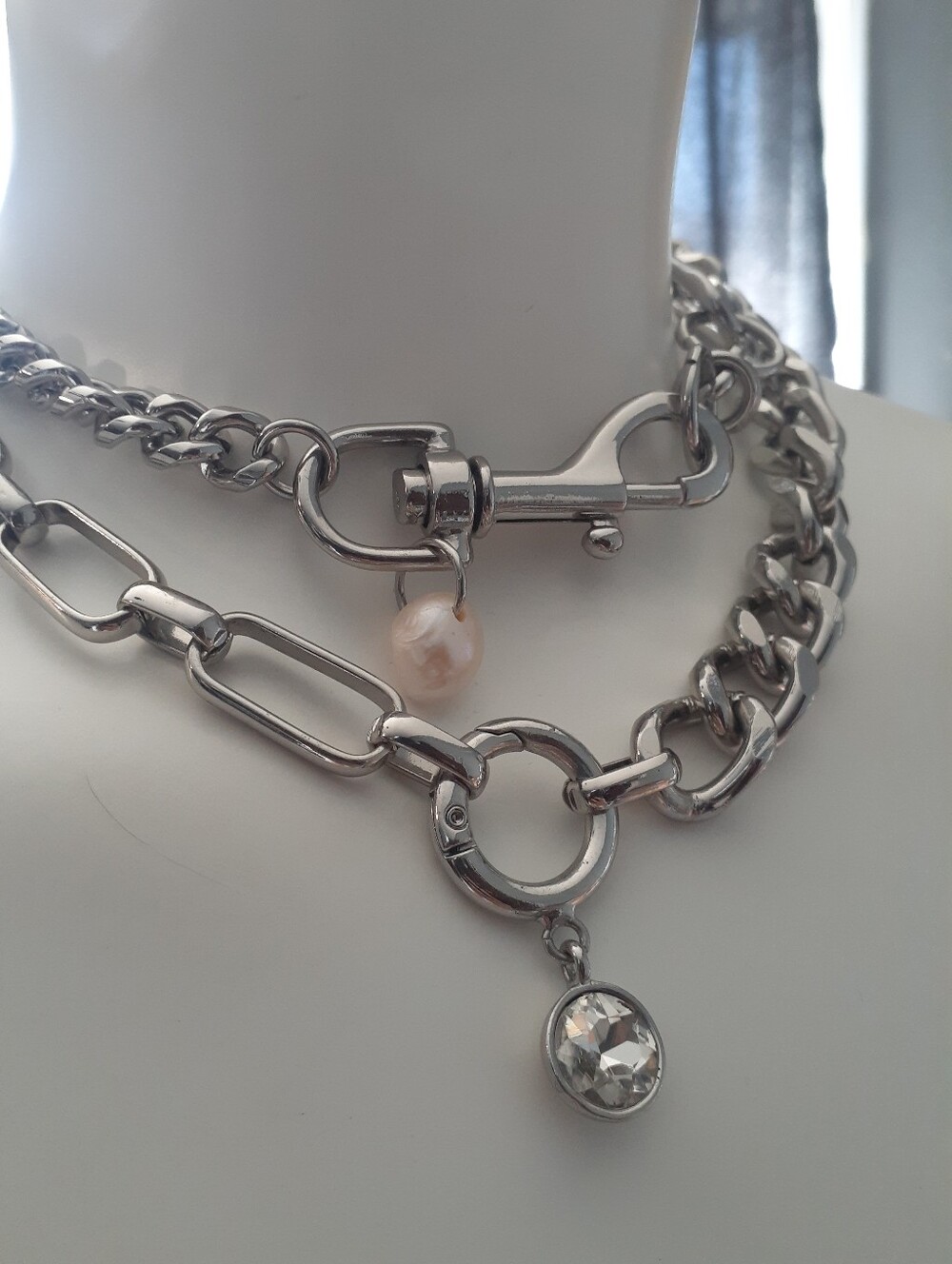 Zara NwotWomen’s Silver-Tone Duo Chain Necklace with Pearl and Crystal Charm